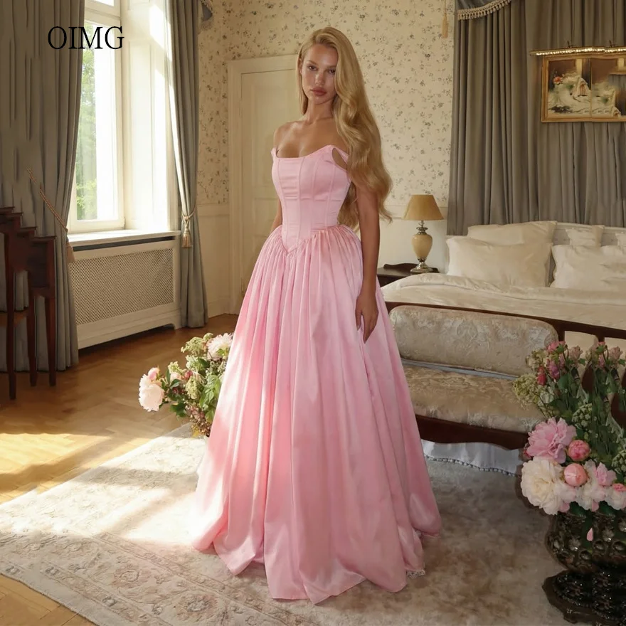 OIMG Einfaches rosa schulterfreies A-Linien-Abschlussballkleid aus Satin, Partykleid, bodenlanges Abendkleid, Vestidos de Gala, maßgeschneidert