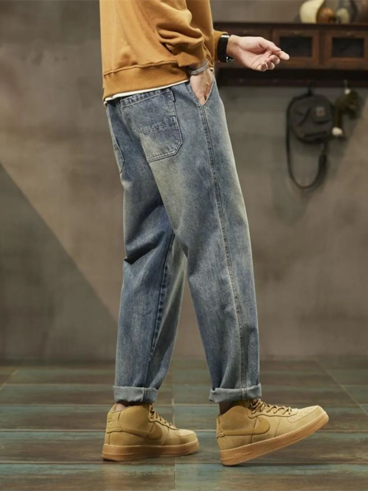 الرجعية الأمريكية Sle الرجال الجينز فضفاض مستقيم عارضة السراويل تنوعا سليم صالح هارلان السراويل الطويلة لربيع الخريف #4