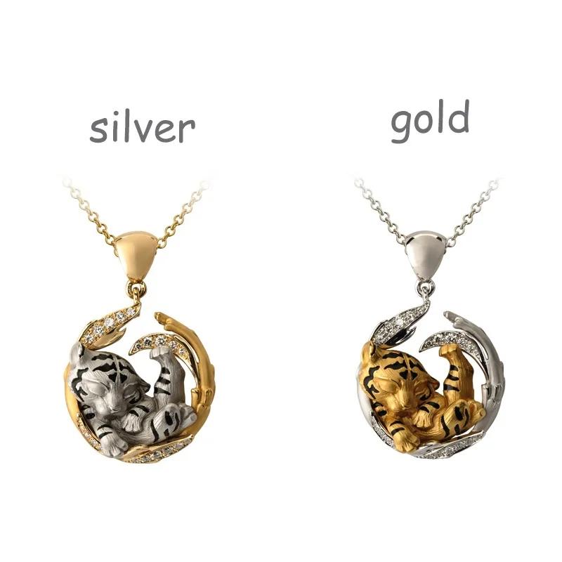 Luxury Charm Tiger Pendant Necklace for Women Two-tone Animal Cute Tiger Crystal Necklace Lovers Jewelry for Women Collares