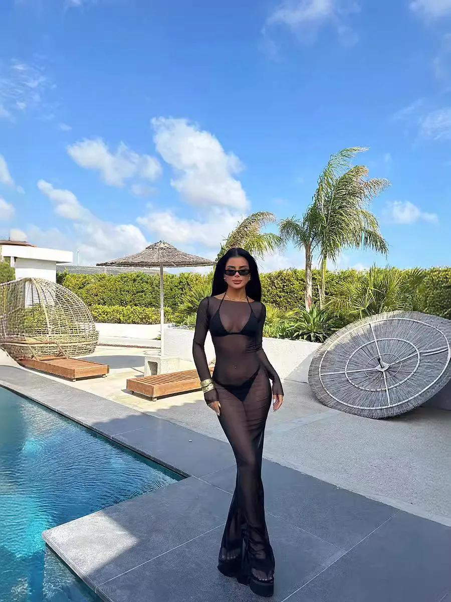 

Sexy Dress Bodycon Dresses Black See-through Long Sleeve Party Dresses Club Y2k Clothes Mesh Elastic Lightweight Loungewear New