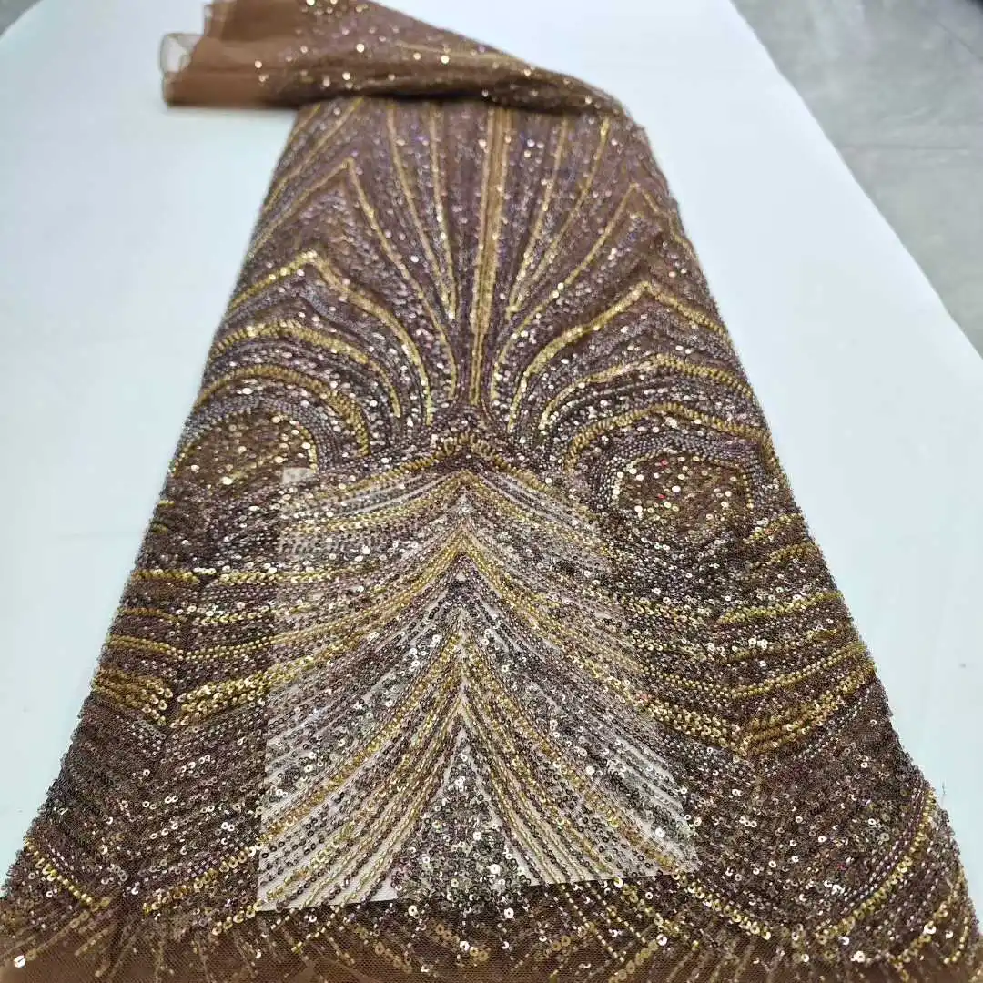 

2025 Luxury African Sequin Lace Fabric High Quality French Nigerian Groom Beaded Lace Fabric for Wedding Dress Sewing