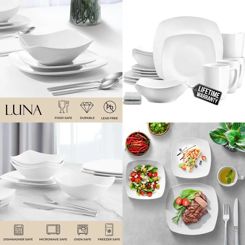 

Набор фарфоровой посуды из 16 предметов, современные квадратные тарелки и миски на 4 человека, можно использовать в микроволновой печи и в посудомоечной машине, жемчужно-белый