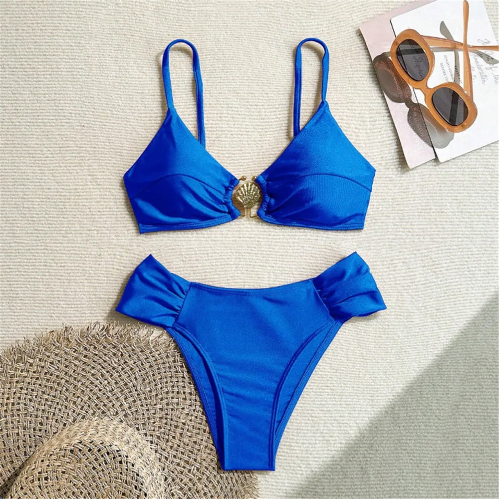 Metal Shell Ring Swimwear Sexy Wine Red Bikinis Sets Swimsuit Women 2025 Ruched Bathing Suit Swimming Wear Bikinis De Mujer