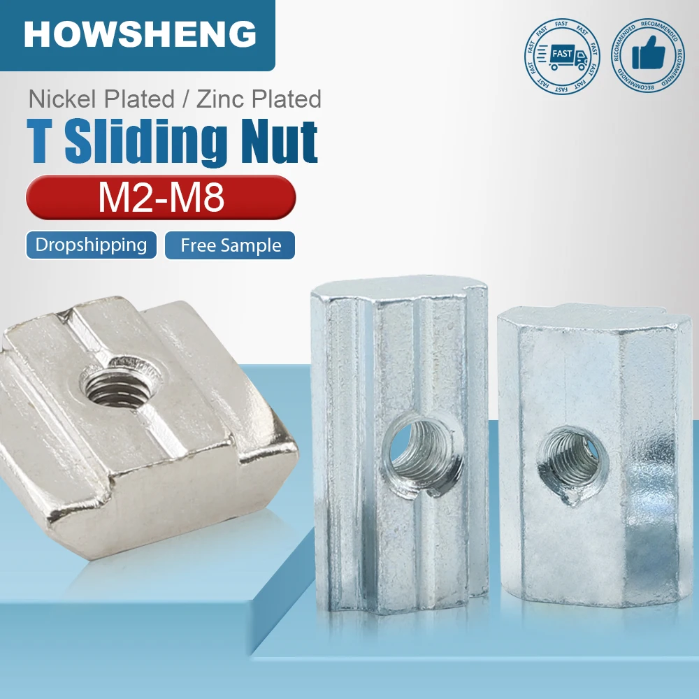 HOWSHENG 5-10pcs T Slot Sliding Nut M4 M5 M6 M8 Carbon Steel T-Track Sliding Hammer Nut for Fastener Aluminum Profile