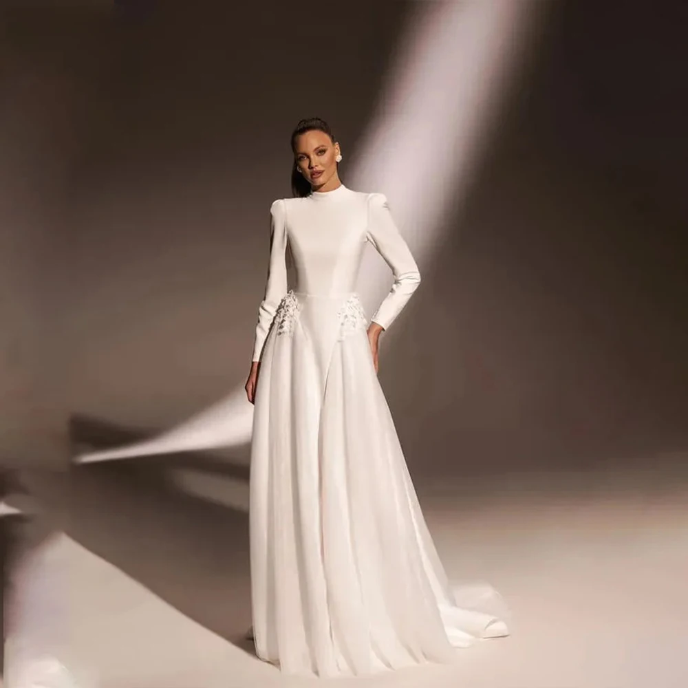 

Muslim Wedding Dresses O-Neck Long Sleeve Bride Dress with Flowers Sweep Train Satin Bridal Gown Customized vestidos de novia