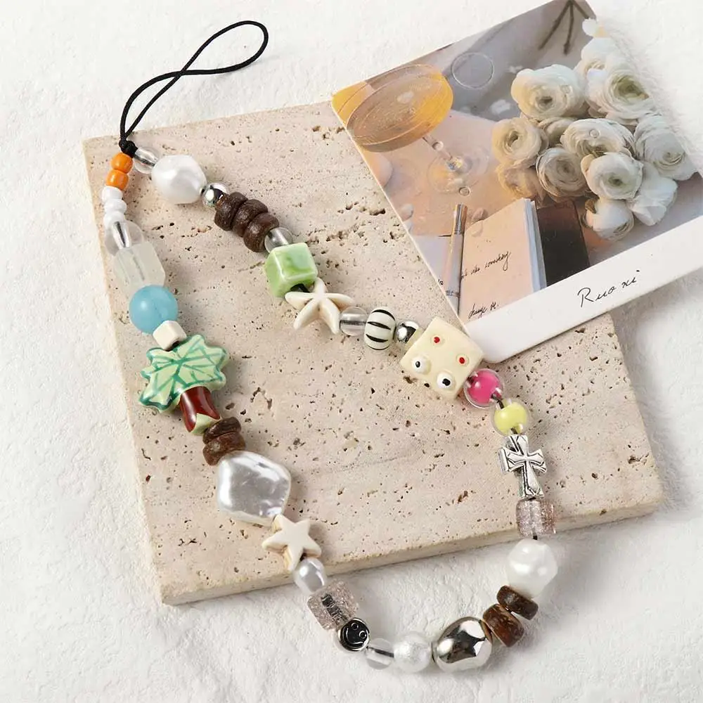 

Beach Starfish Coconut Phone Chain Coconut Tree Phone Charm Beaded Phone Strap Anti-Lost Acrylic Beaded Smartphone Lanyard