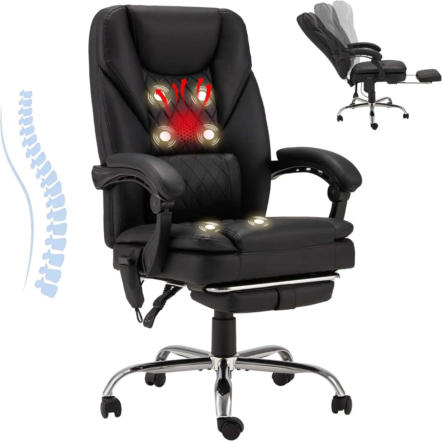 6-Point Massage Office Chair,Heated Executive Chair,Ergonomic Home Office Desk Chair with Foot Rest Retractable Height