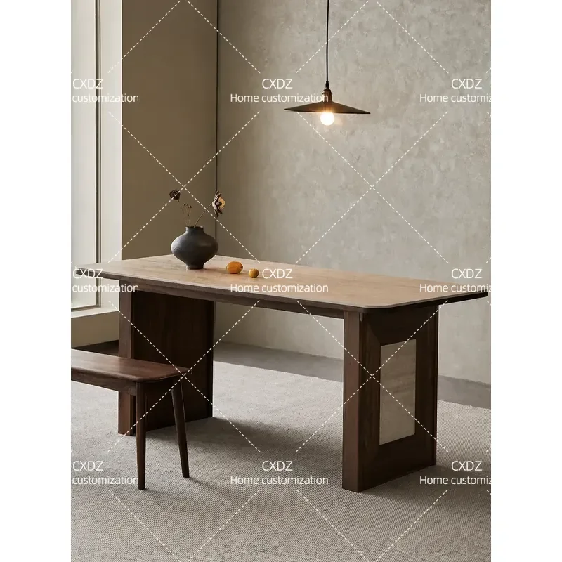Travertine Rock Slab Dining Table North American Black Walnut Solid Wood Medium Ancient Style Long Desk Wood Grain Table