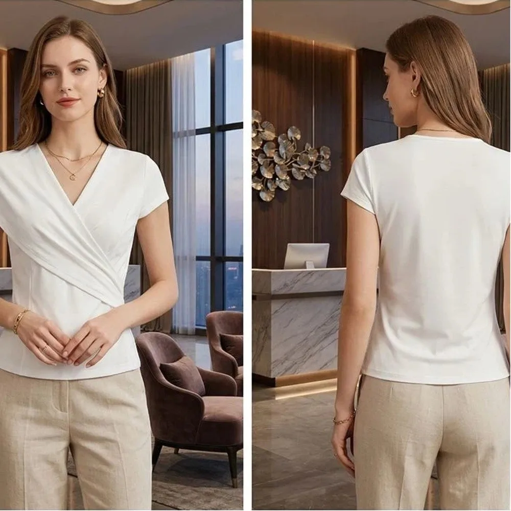 Fashion Short Sleeve V-Neck Wrap Top Summer V-neck Pullovers T-shirt Pleated Ladies' Shirt Summer