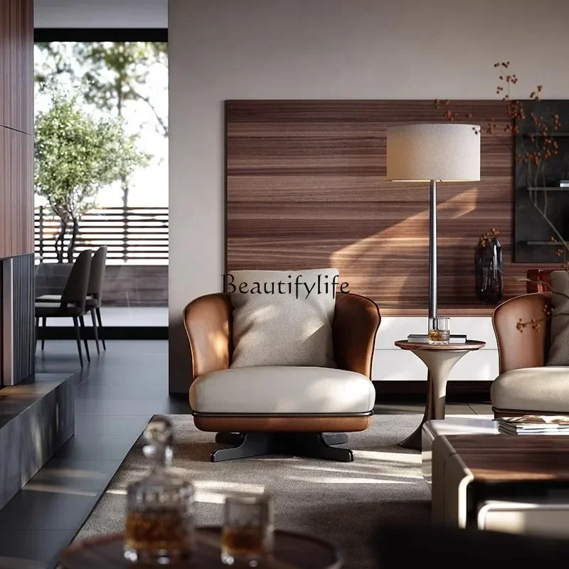 

56Full Genuine Leather Lounge Chair Villa Living Room Italian Style Light Luxury Single SofaLX