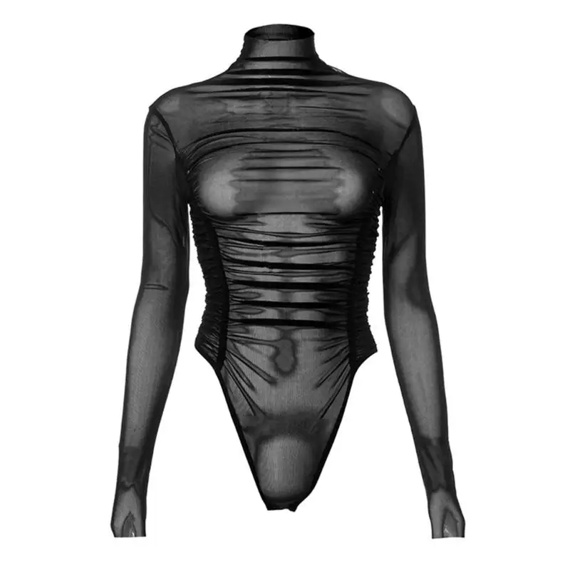 652F Women Sheer Mesh Ruched Bodysuit Top Long Sleeve Turtleneck Leotard Jumpsuit