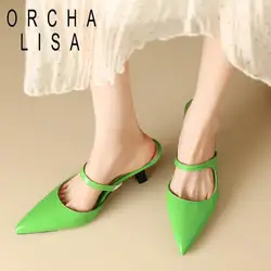 ORCHA LISA Design Women Sandals Pointed Toe Thin Heels 7.5cm Slip On Mules Shoes Shallow Daily Large Size 46 47 48 S4884