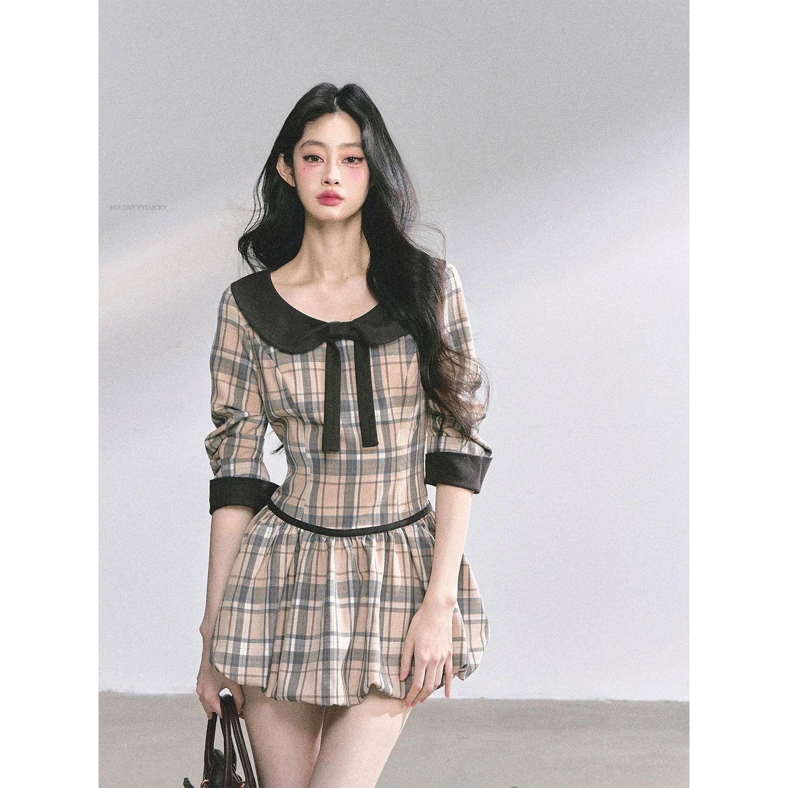 

Japanese Korean Style School Uniform French Doll Collar Plaid Dress For Women Autumn Harvest Waist Slimming Floral Short Skirt