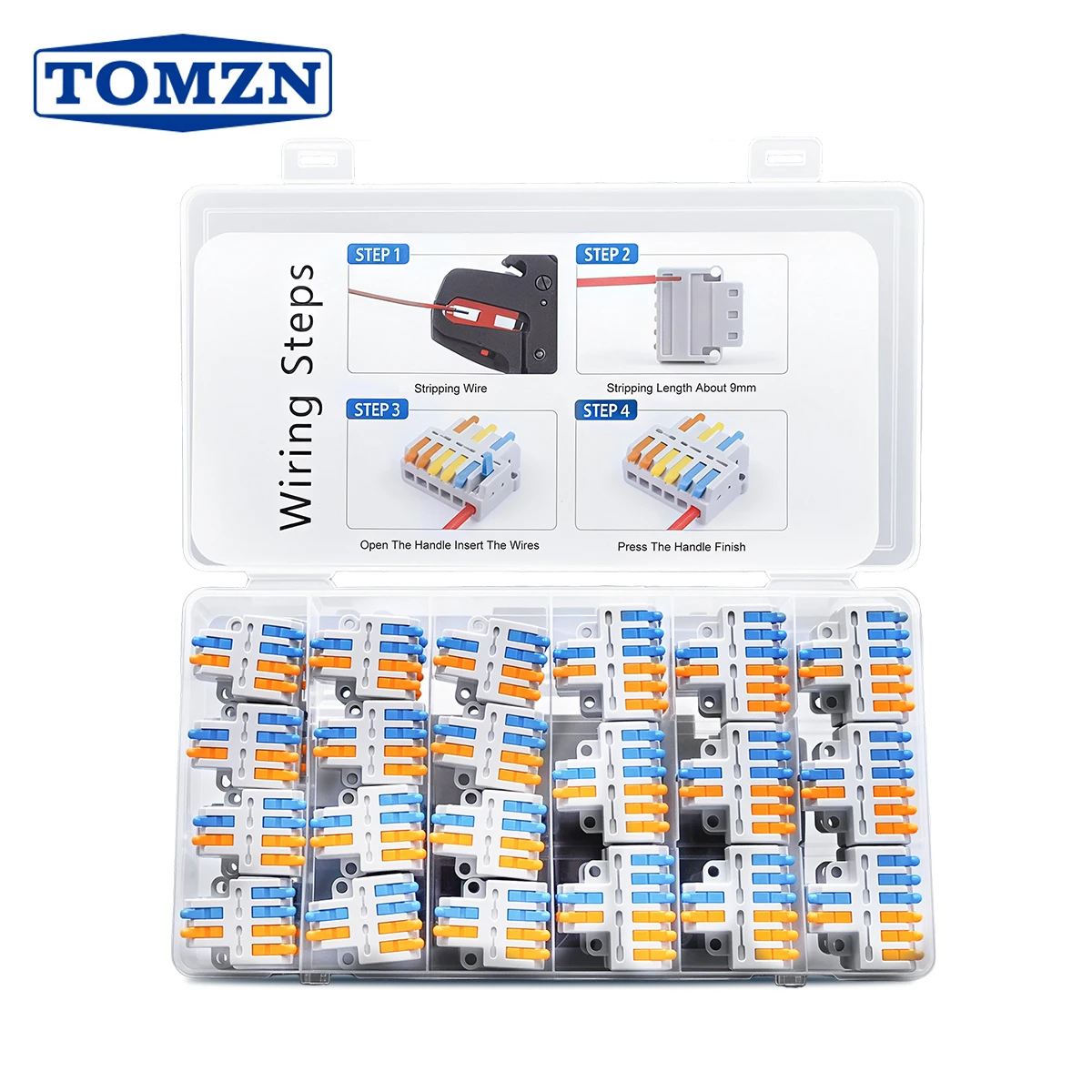 

TOMZN Wire Connectors Transparent 6IN2 18PCS 4IN2 24PCS Wire Connectors 28-14AWG 0.08-2.5㎜² L and N + and - Orange blue