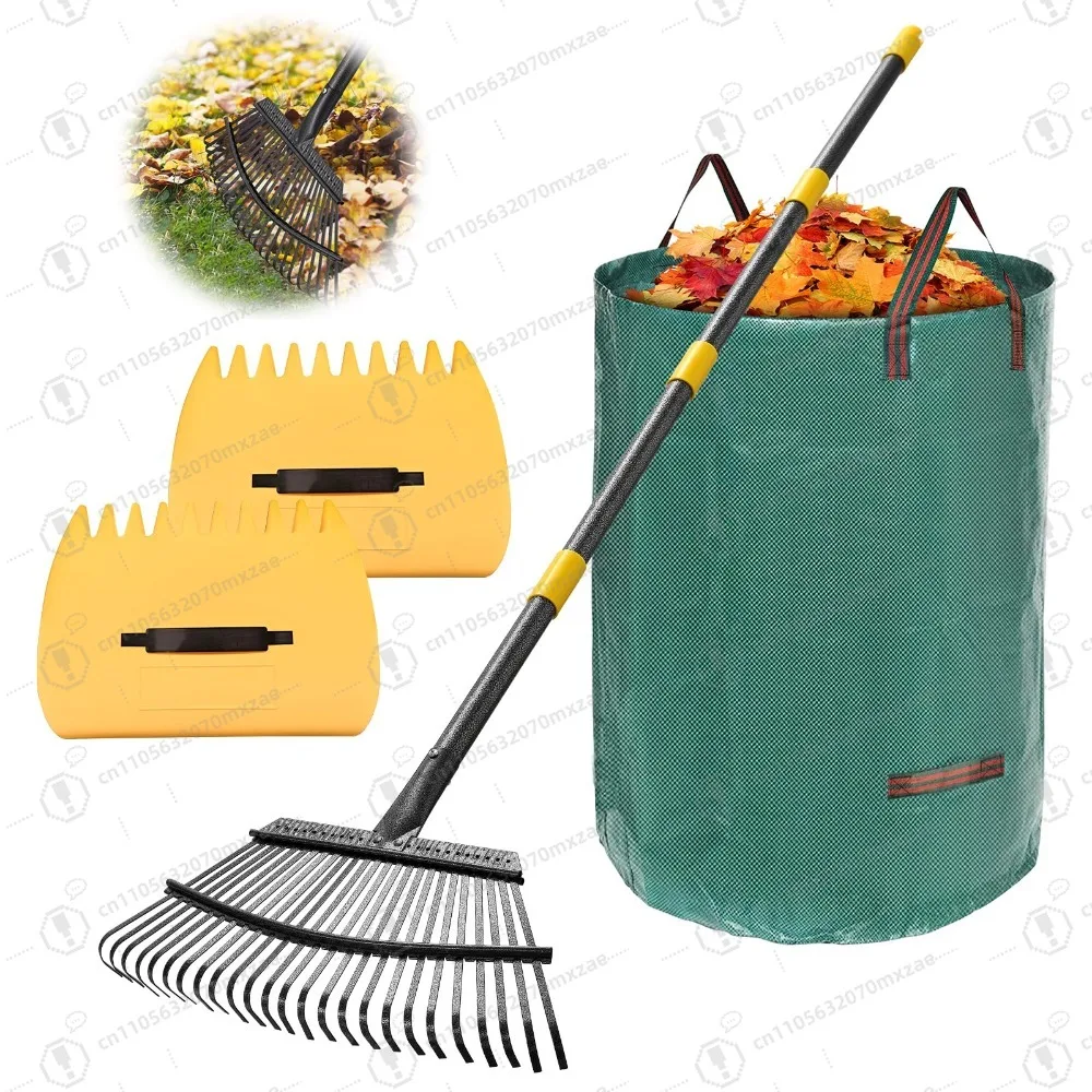 

Heavy Duty 18 " Wide Metal Leaf Rake 65" Long Handle 25 Tines Garden Rake for Lawn Yard Debris Cleanup with Leaf Bags Scoops