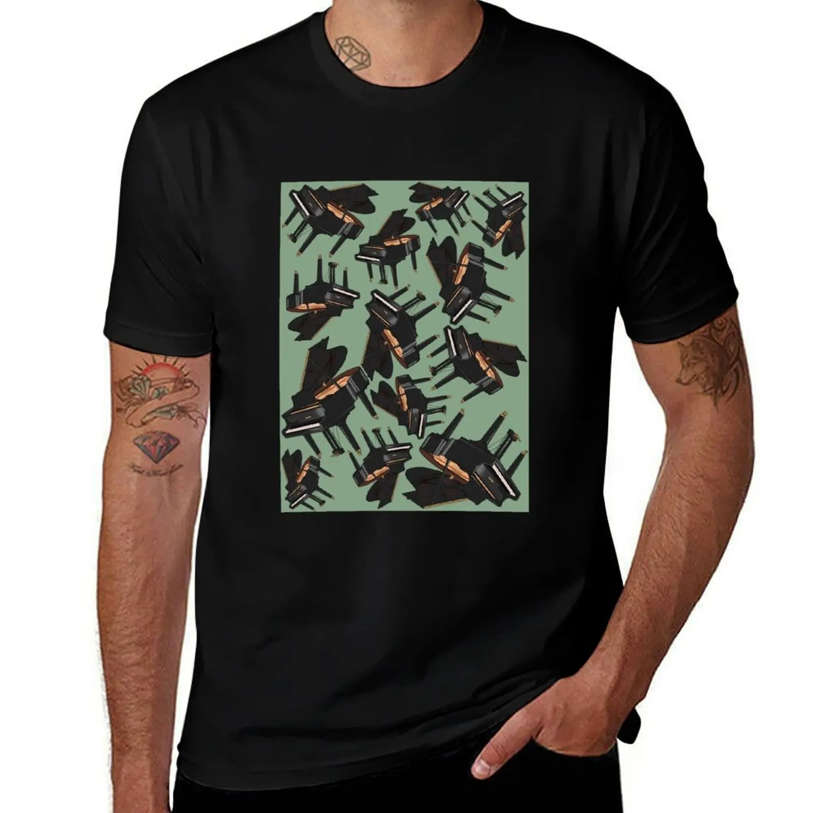 Piano Musical Instrument Pattern Green T-Shirt Plus Size Lightweight Top T-Shirt
