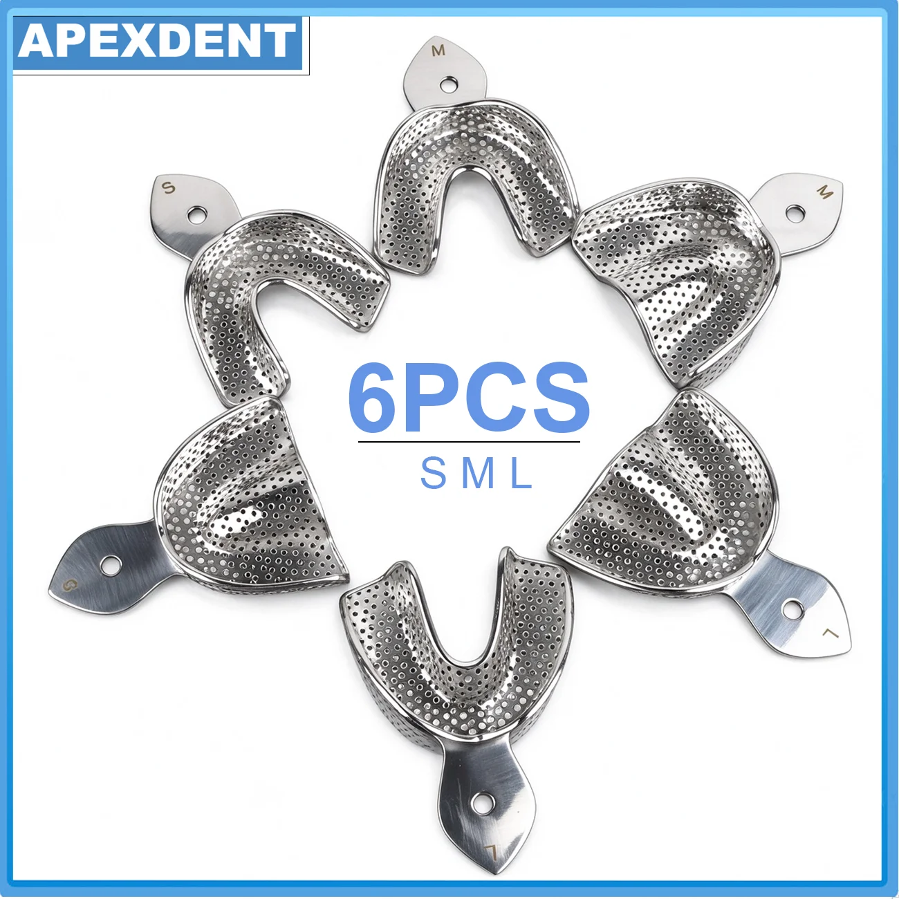 6PCS Dental Impression Trays Stainless Steel Perforated Autoclavable Upper Lower S M L Sizes Dentistry Oral Teeth Holder
