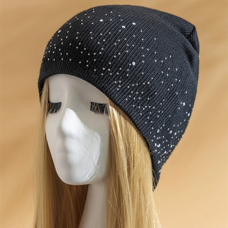 Hot Sale Women Casual Winter Fall Hat Stylish & Shiny Rhinestone Decor Women's Beanie Outdoor Streetwear Knitted Hat