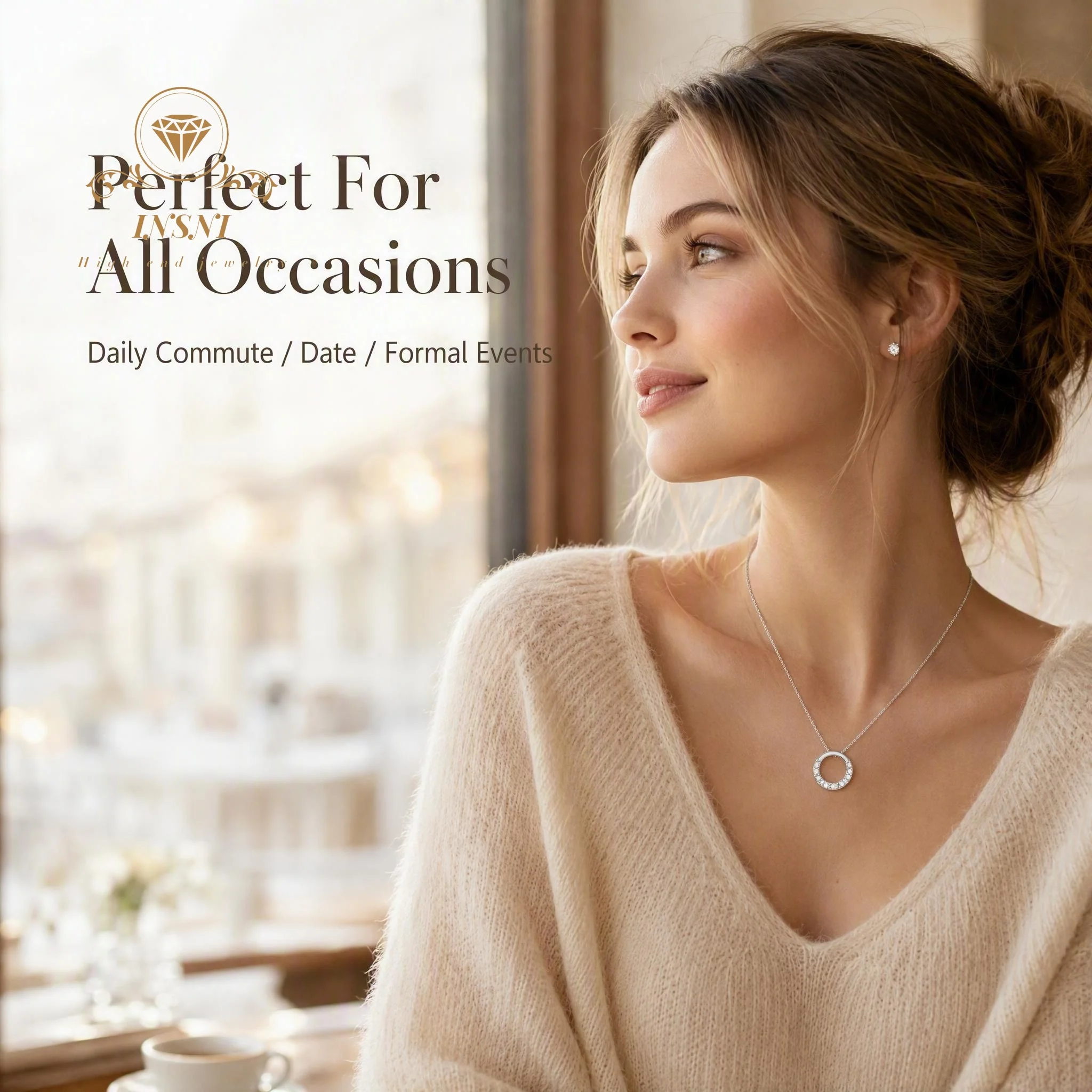 S925 Sterling Silver Korean Version Diamond-encrusted Ring Necklace Premium Sense Non-fading Circle Collarbone Chain Girlfriend