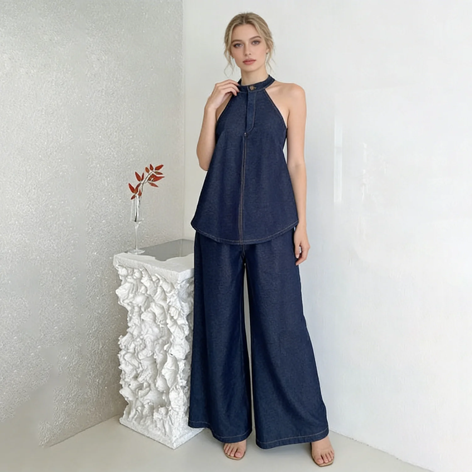 

LIMO 2026 New Denim Two Piece Set, Halter Neck Sleeveless Top + High Waist Wide Leg Pants, Casual Loose Fit,for any sense
