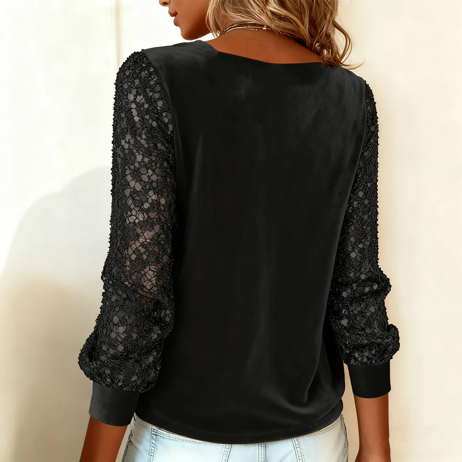 T-Shirt à manches longues et col roulé pour femmes, à la mode et décontracté, à paillettes, Sexy, printemps et automne