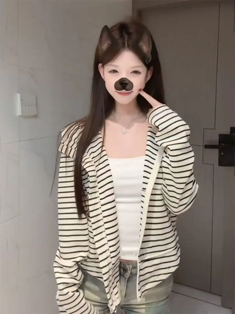 Sudadera con capucha holgada para mujer, ropa de abrigo larga a rayas, estilo coreano, sudadera informal holgada, capa exterior cómoda, invierno 2025