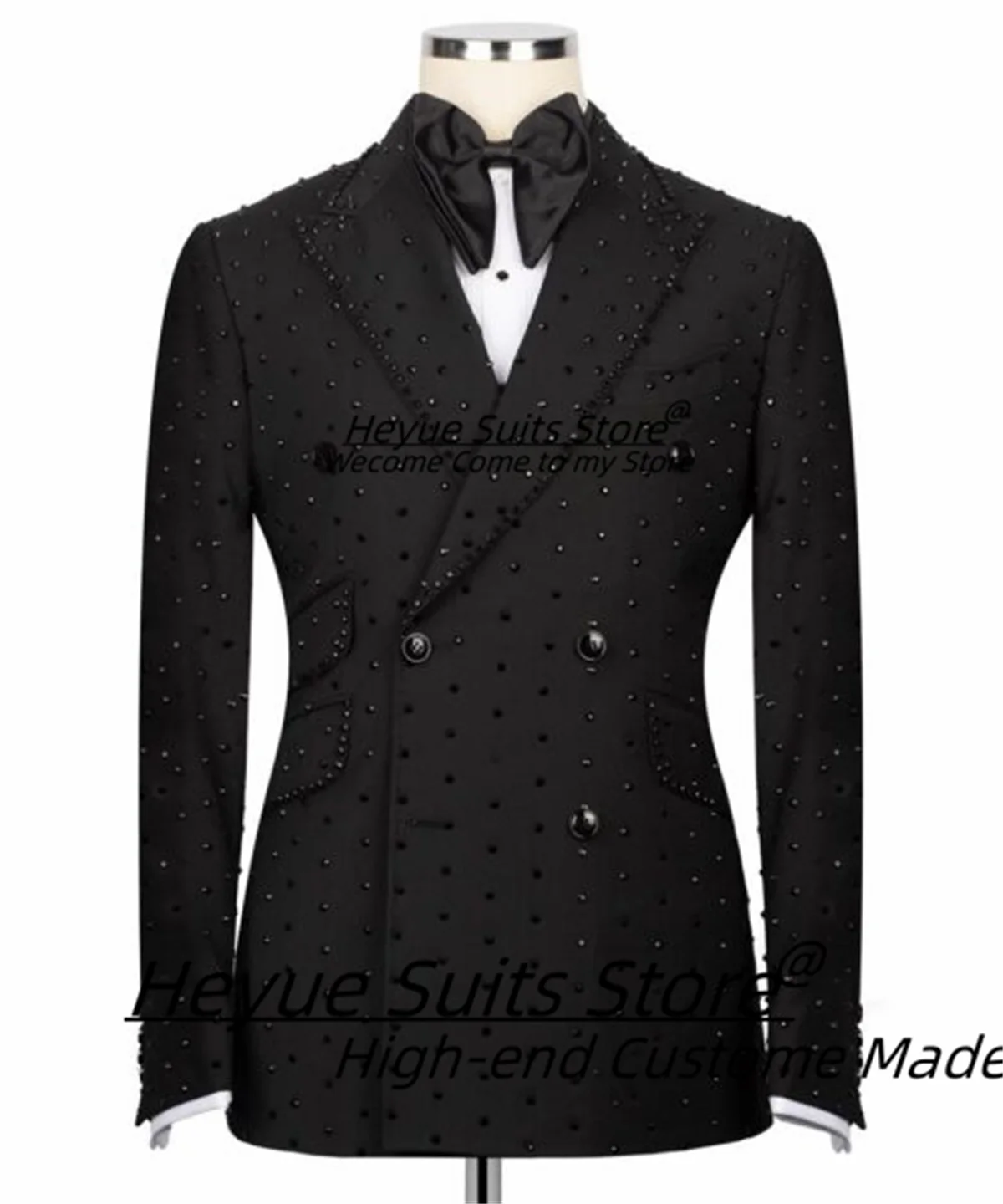 

High-qublity Black Shiny Wedding Suits For Men Customized Slim Fit Double Breasted Groom Tuxedos2Pieces Sets trajes para hombre