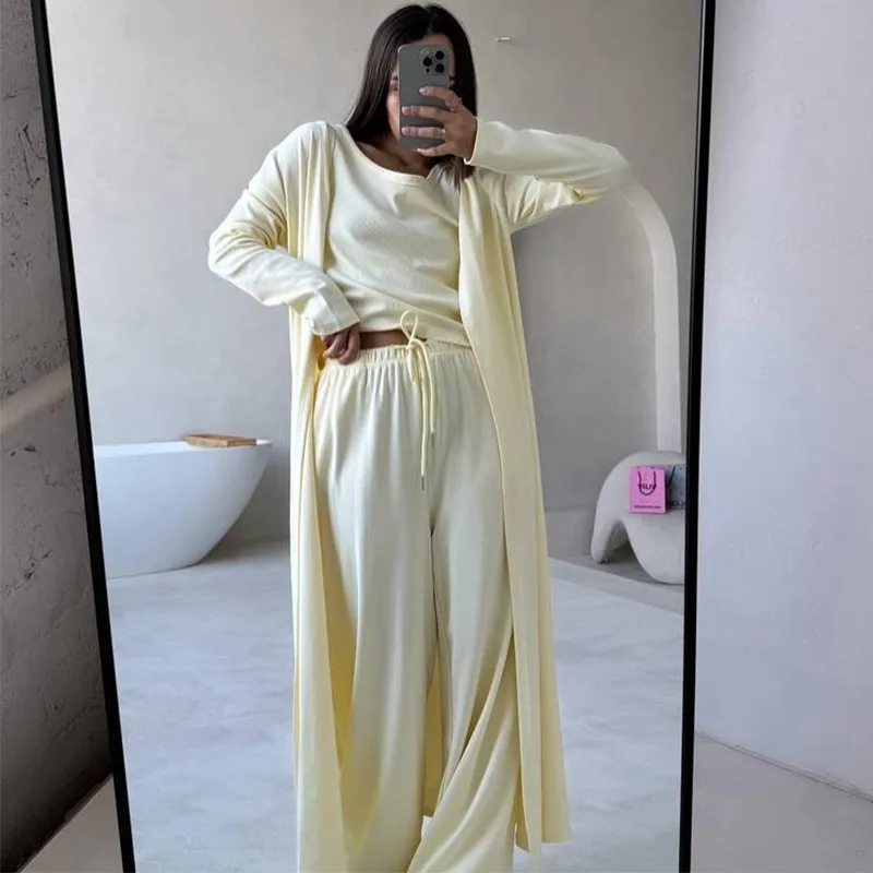 Roupas femininas europeias e americanas 2025 verão nova jaqueta cardigã solta casual, camisola calças de perna larga conjunto de três peças