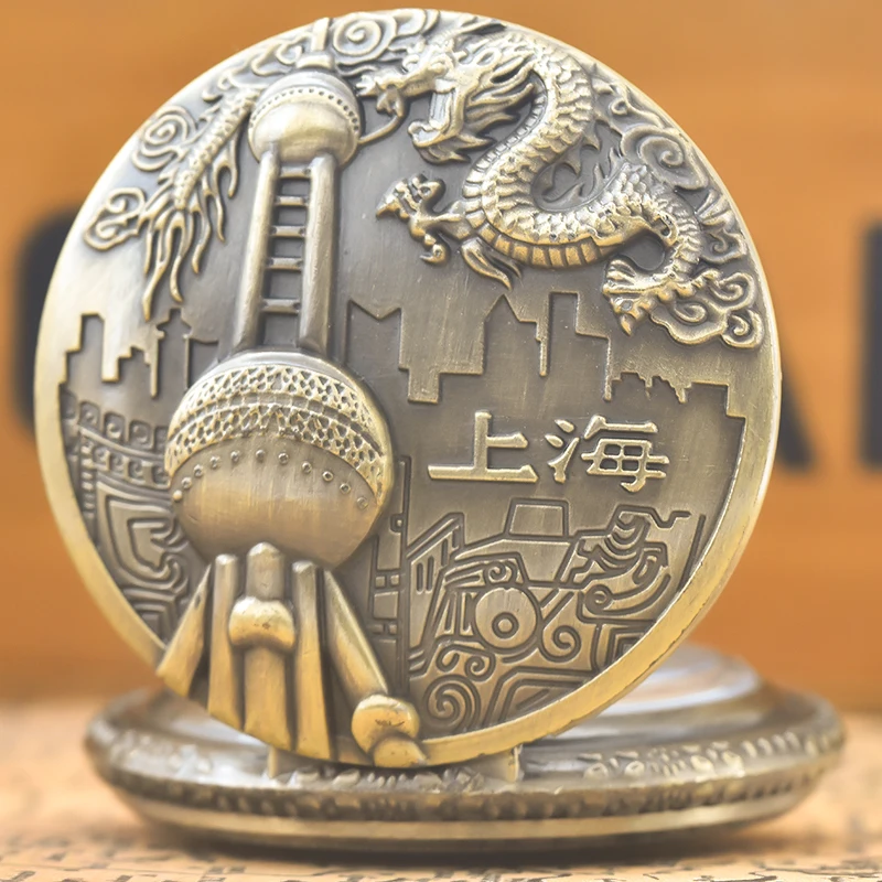 خمر البرونزية Steampunk شنغهاي الجذب منحوتة ساعة جيب كوارتز قلادة قلادة ساعة سلسلة الرجال سلسلة نسائية هدية