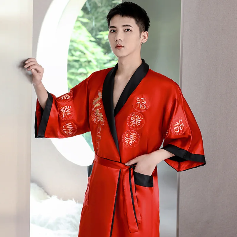 Chinese Style Satin Kimono Men\'s Lapel Mid Length Sleepwear New Spring Summer Bathrobe Nightwear Male Intimate Lingerie Homewear