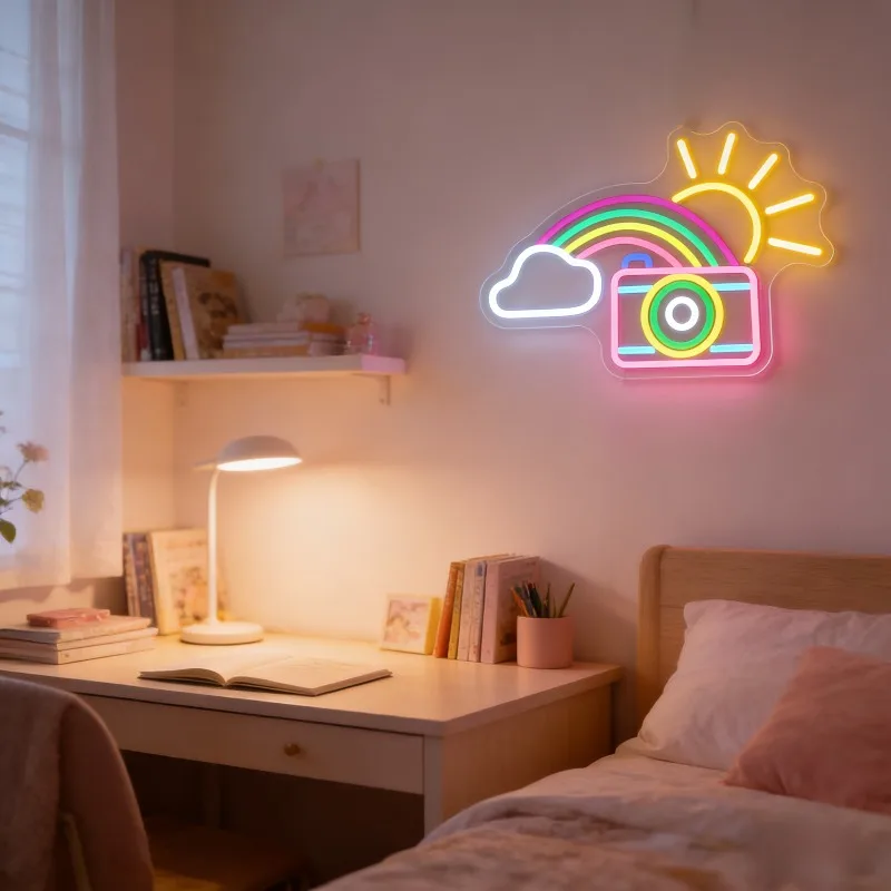 Rainbow Camera Neon Sign LED Light for Nursery Decor USB Rechargeable Wall Art Sign Photography Travel Adventure Themed Gift