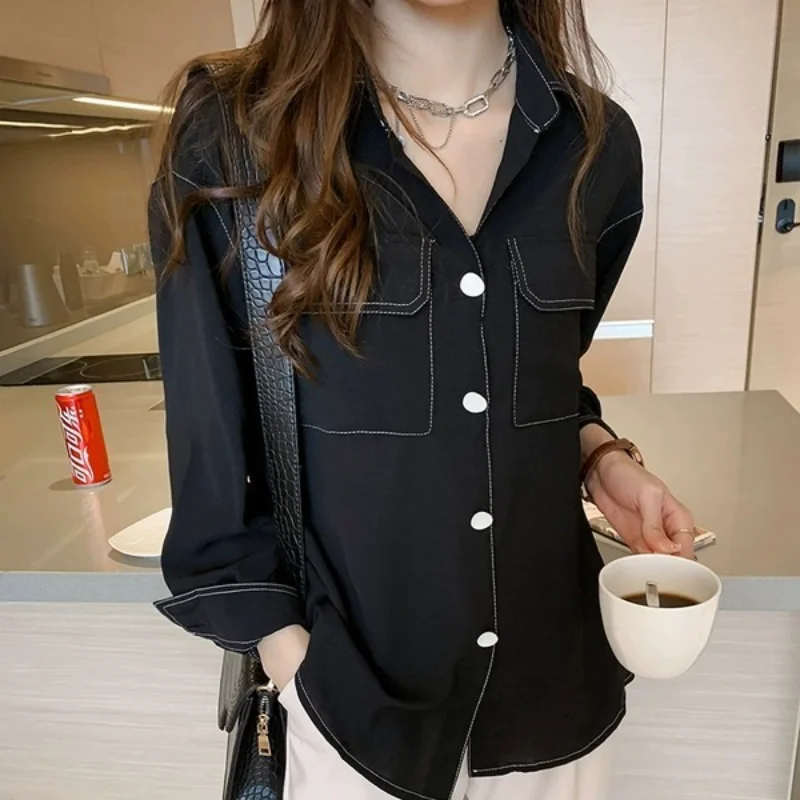 Clothes Chiffon Womens Shirt & Blouse Button Up Tops for Women Black Full Sleeves Collar Fashion 2024 Y2k Youthful Elegant Chic