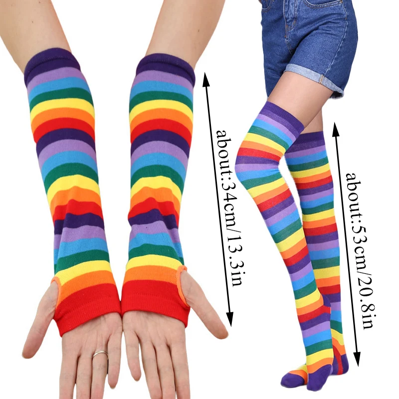 Striped Over the Knee Socks Set Women Girls Stocking Long Socks Arm Sleeve Cover Warm Knee Socks Gloves Christmas Cosplay Casual