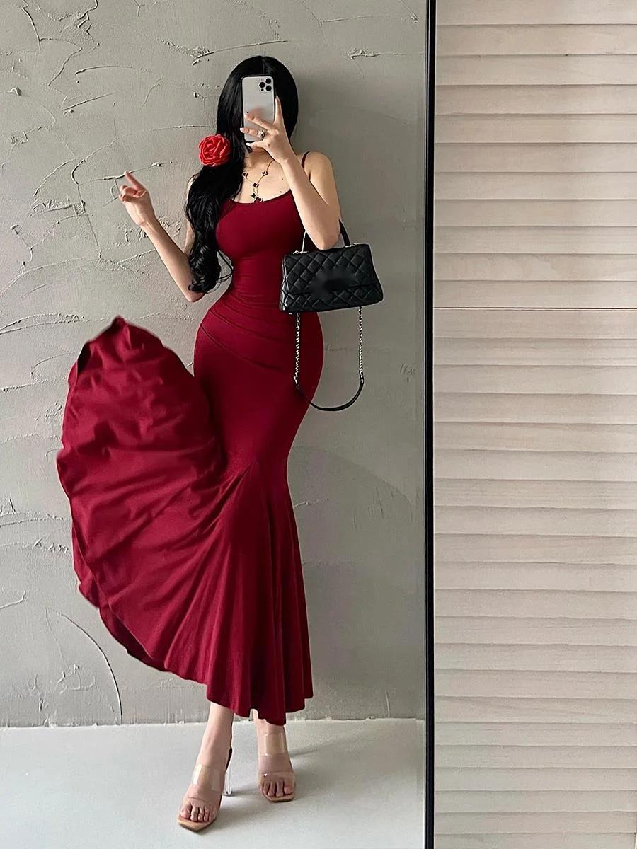 Summer New Fashion Women's Lotus Hemline Atmosphere Pleated Waist Wrapped Hip Wrapped Fish Tail Sling Slim Fit Solid Dress 8002