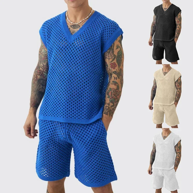 

New Summer Men's Sets Hollow Out Sleeveless Knitted 2PCS Suit Sexy V-neck Vest + Shorts Set Solid Casual Loose Men's Knitwear