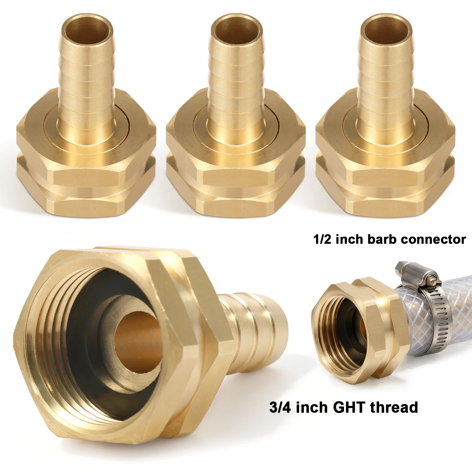 4 Pack Solid Brass Garden Hose Connector 3/4 GHT To 1/2 PEX Barb Fitting Leak Proof Watering Pipe Adapter Repair Mender Joint