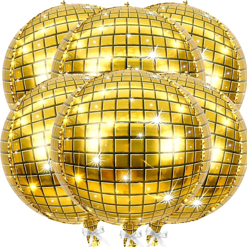6 Pcs 22 Inch 4D Gold Disco Ball Foil Balloons, Metallic Mirror Grid Round Sphere Mylar Balloons, Retro 70S 80S 90S Theme Party