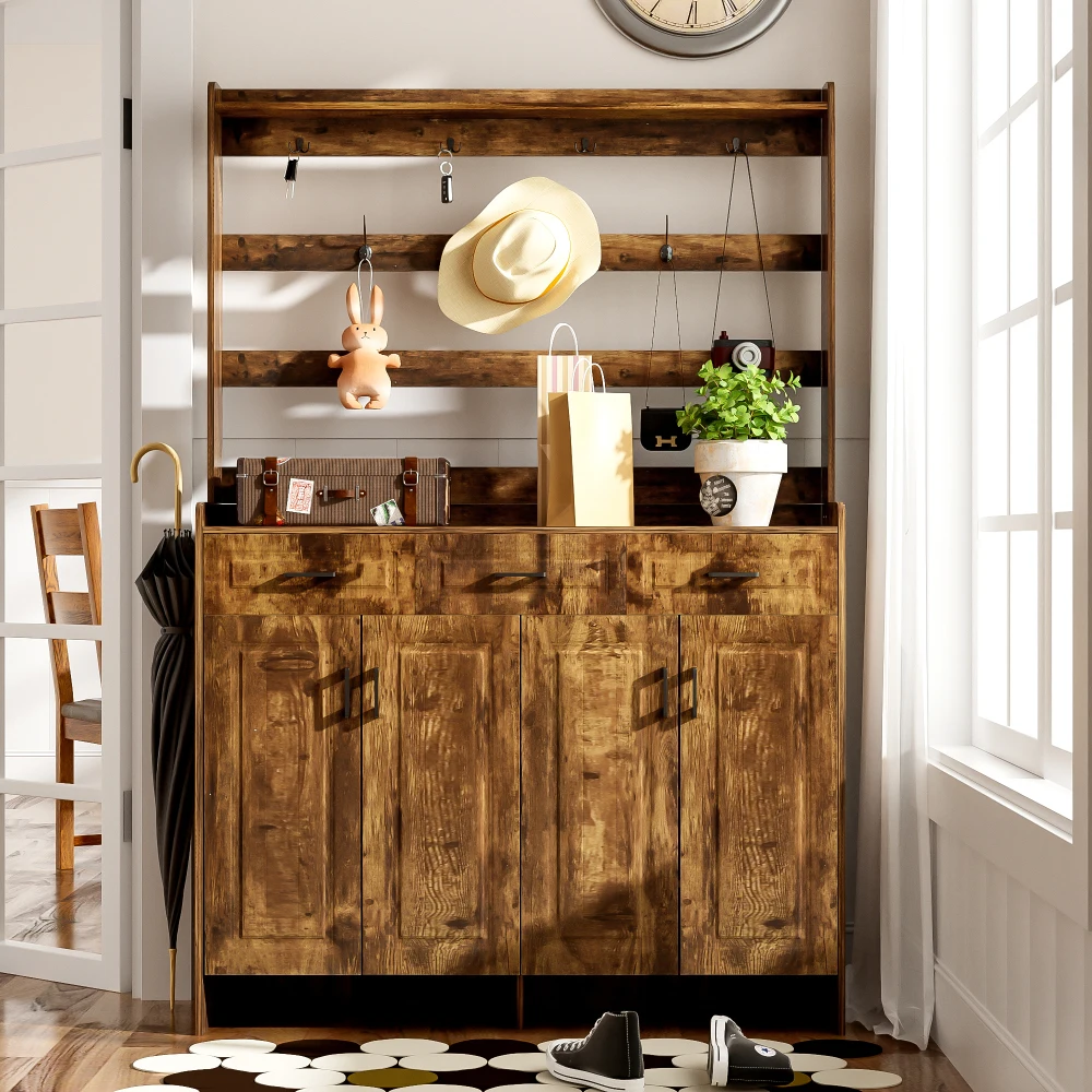

51.2''Minimalist Four-Door Shoe Cabinet with Coat Rack, Spacious Top,3 Drawers, 8 Shelves, Metal Hooks and Handles for Hallway