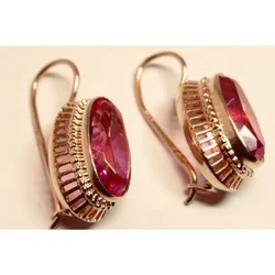 Vintage Metal Craftsman Carved Earrings Set with Red Stones Women's Boho Hook Drop Earrings