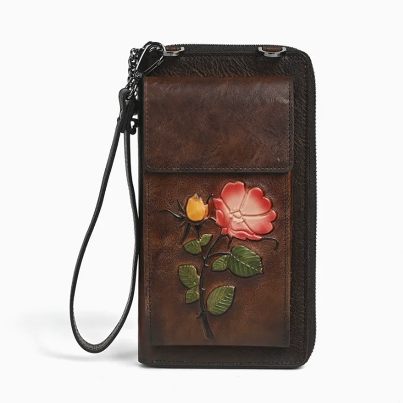 Chinese Retro Style Genuine Leather Women's Wallet 2026 New Hand Purse Embossed Phone Bag Retro Mini Crossbody Bag
