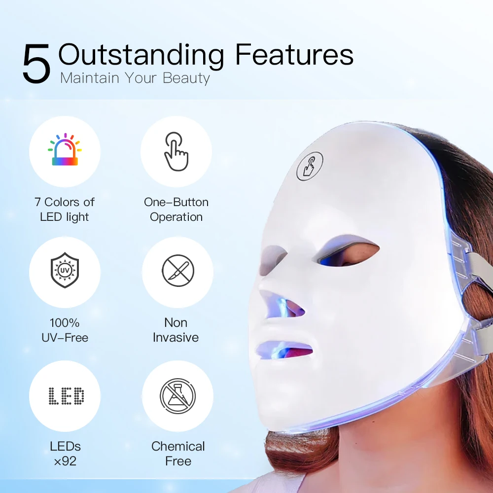 Masque de beauté aste à LED, 7 cols de couleur, photothérapie lourde, soins de la peau, blanchissant, anti-âge, anti - acné