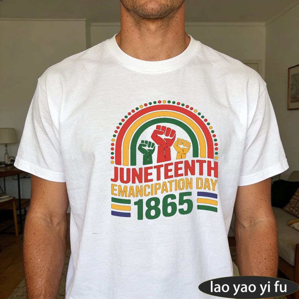 Juneteenth Emancipation Day 1865 Rainbow Fist Design Men T-Shirt Black History Celebration Tops Vintage Rainbow Clothes