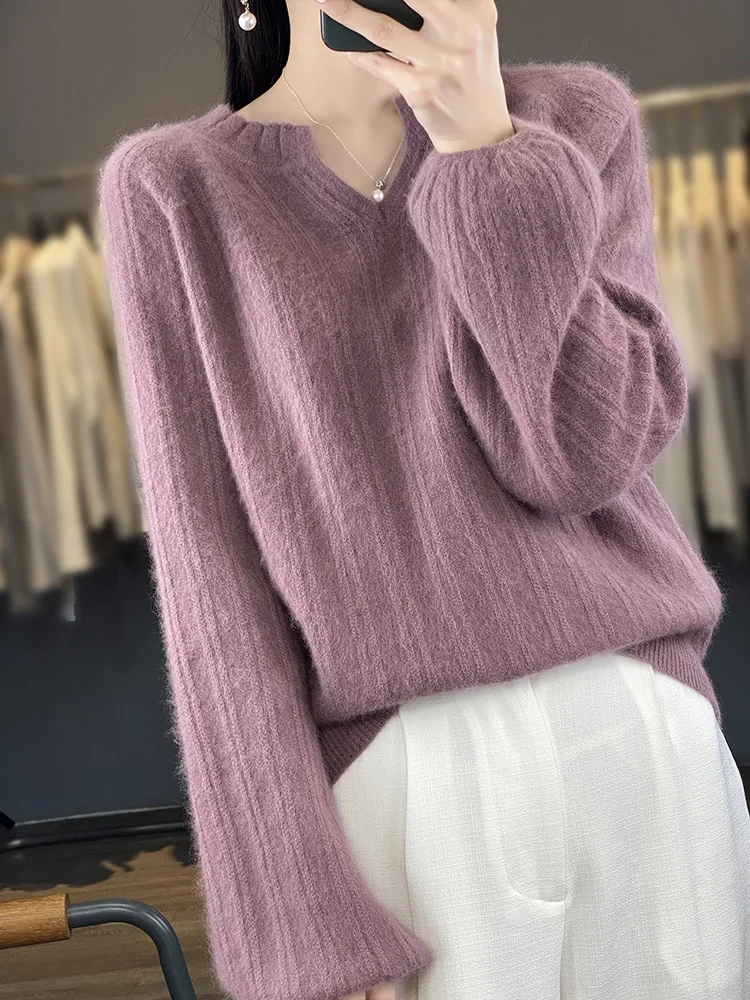 Autumn Winter 100% Mink Cashmere Women's V-Neck Sweater New Knitwear Tops Puff Sleeve Pullover Casual Loose Korean Clothing