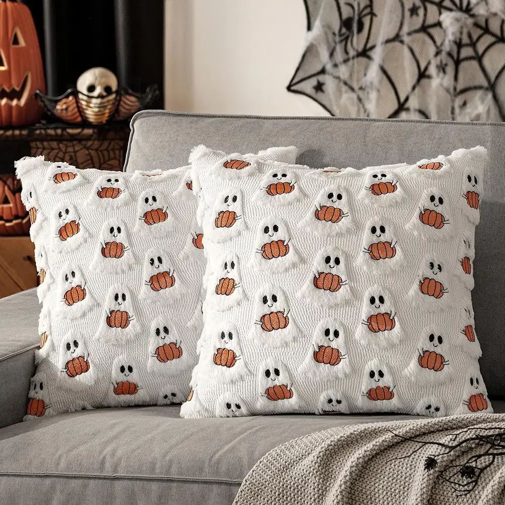 Autunno Halloween Fodera per cuscino 45x45 cm Autunno Zucca Fantasma Peluche Federa Copertura Decorazione natalizia Cuscino per soggiorno