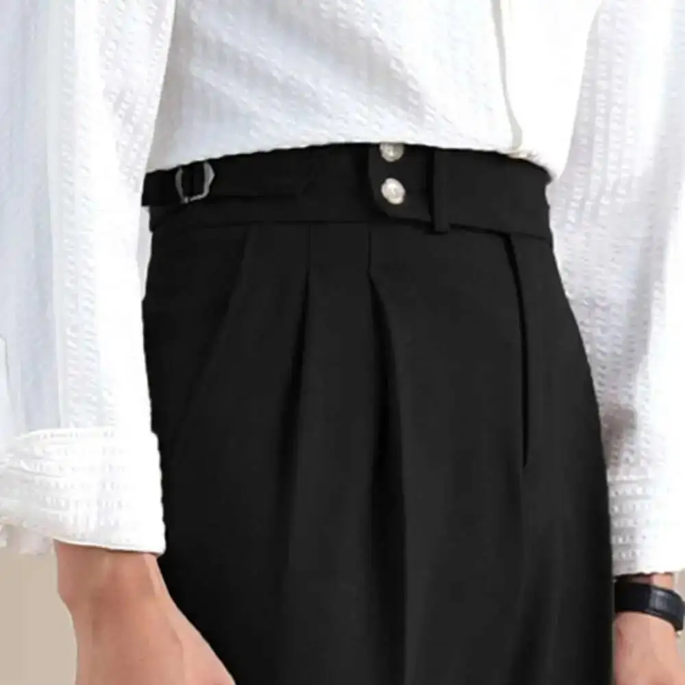 Naples Double Fold High Waist Linen Suit Pants For Men Summer Breathable Straight Leg Office Trousers Men Pantalon Costume Homme