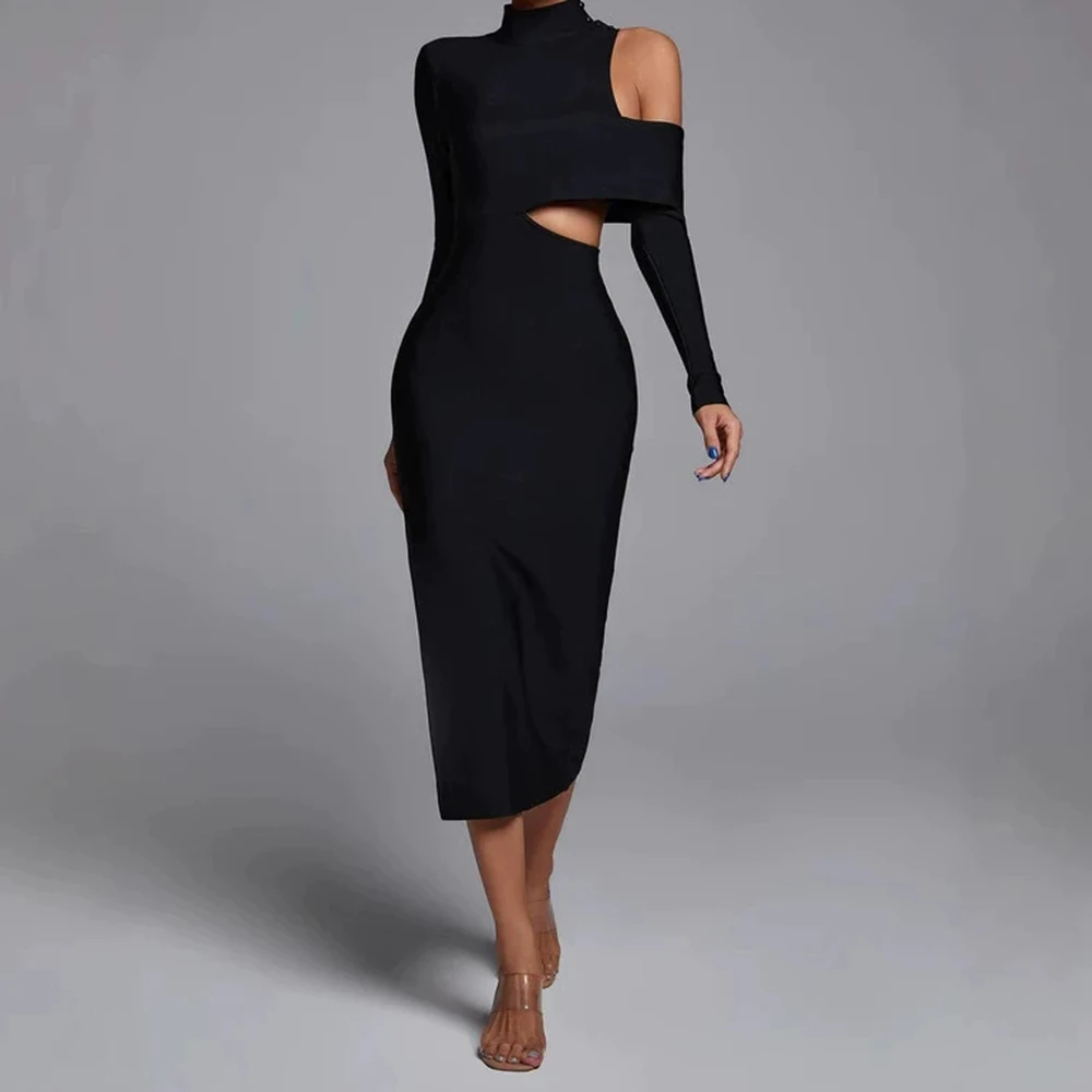 Mode dames fabriek directe verkoop lange mouwen hoge kraag uit de schouder lange jurk bandage jurk-GZXX1439