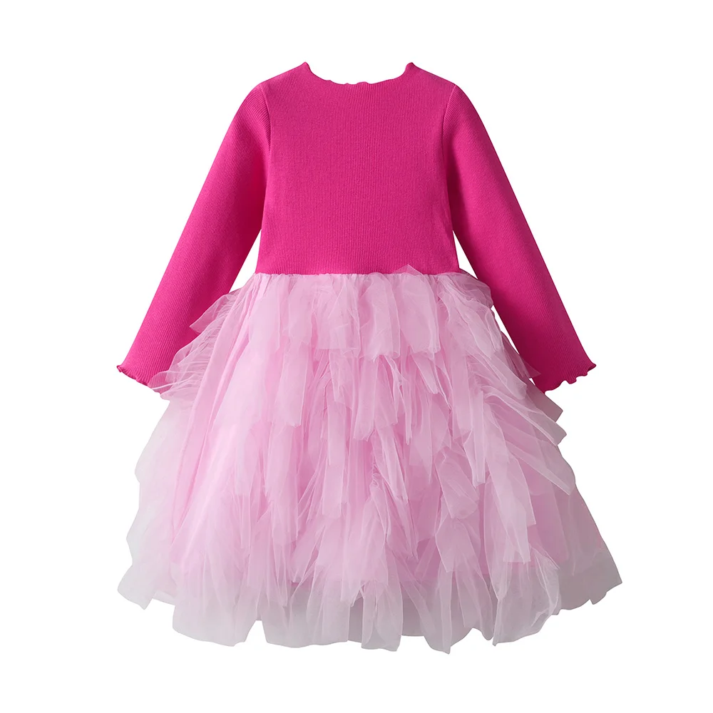 Rosa Strick-Tüllkleid für Kinder, Mädchen Weiches Baumwoll-Langarmkleid, Flauschiges Mesh-Tutu-Kleid, Mädchen Geburtstagsparty Süßes Elegantes Alltagskleid – Detail 7