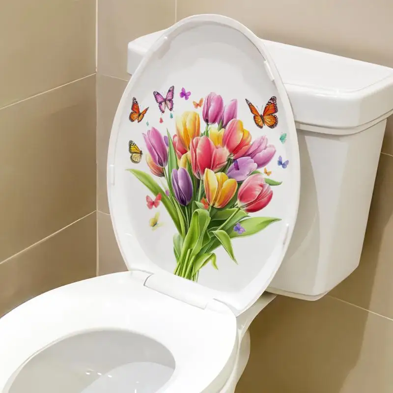 Toilet Seat Sticker No Surface Damage Waterproof Sunflower Green Plant Removable Self Adhesive Bathroom Decor Decal