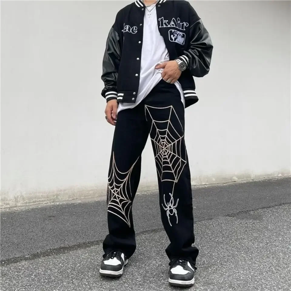 

American Street Black Loose Straight Spider Web Embroidered Jeans Hip Hop Wide Leg Pants Men Clothing Cargo Pants Y2k Pants