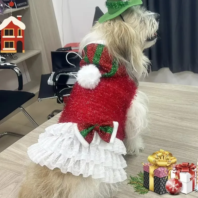 Christmas Dog Clothes Christmas Party Festive Atmosphere Hooded Pompadour Group Dress